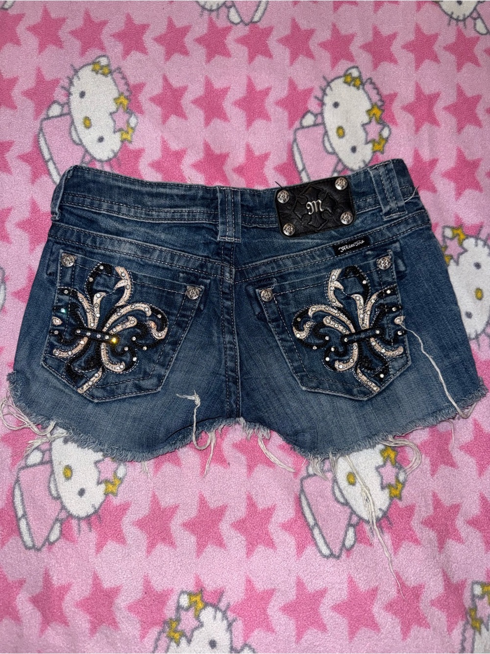Miss Me Distressed Dark Blue Denim Shorts with Silver and Black Embellishment
